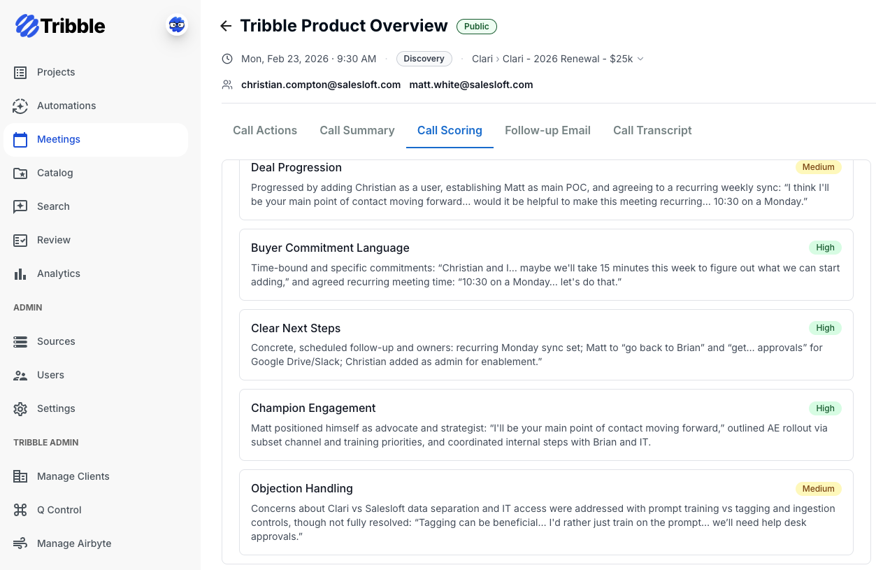 Tribble AI Sales Agent call coaching workspace with deal scoring and live guidance